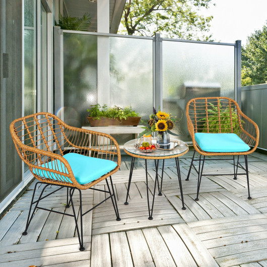 3 Pieces Rattan Furniture Set with Cushioned Chair Table-Turquoise - Color: Turquoise - Image 2