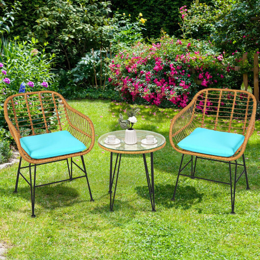 3 Pieces Rattan Furniture Set with Cushioned Chair Table-Turquoise - Color: Turquoise - Image 3