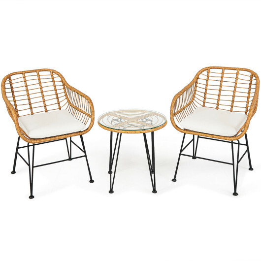 3 Pieces Rattan Furniture Set with Cushioned Chair Table-White - Color: White