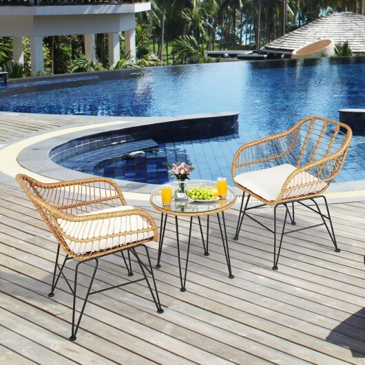 3 Pieces Rattan Furniture Set with Cushioned Chair Table-White - Color: White - Image 6