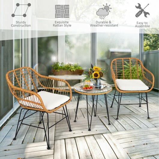 3 Pieces Rattan Furniture Set with Cushioned Chair Table-White - Color: White - Image 7
