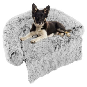 White Plush Calming Dog Couch Bed with Anti-Slip Bottom-M - Color: White - Size: M
