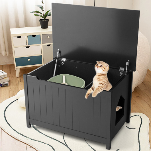 Wooden Cat Litter Box Enclosure with Top Opening Side Table-Black - Color: Black - Image 2