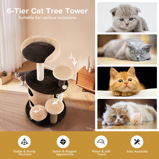 40 Inch Cat Tree Tower Multi-Level Activity Tree with 2-Tier Cat-Hole Condo-Brown - Color: Brown - Image 3