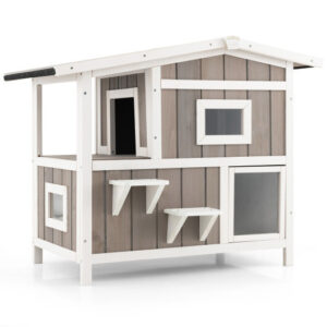 Outdoor 2-Story Wooden Feral Cat House with Escape Door-Gray - Color: Gray