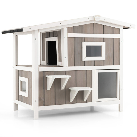 Outdoor 2-Story Wooden Feral Cat House with Escape Door-Gray - Color: Gray