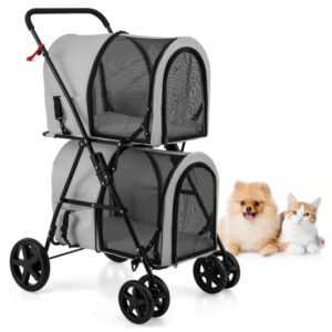 4-in-1 Double Pet Stroller with Detachable Carrier and Travel Carriage-Gray - Color: Gray
