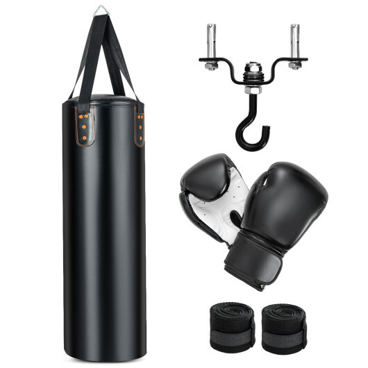 4-In-1 Hanging Punching Bag Set with Punching Gloves and Ceiling Hook - Color: Black