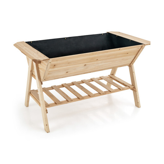 Raised Wood Garden Bed with Shelf and Liner - Color: Natural
