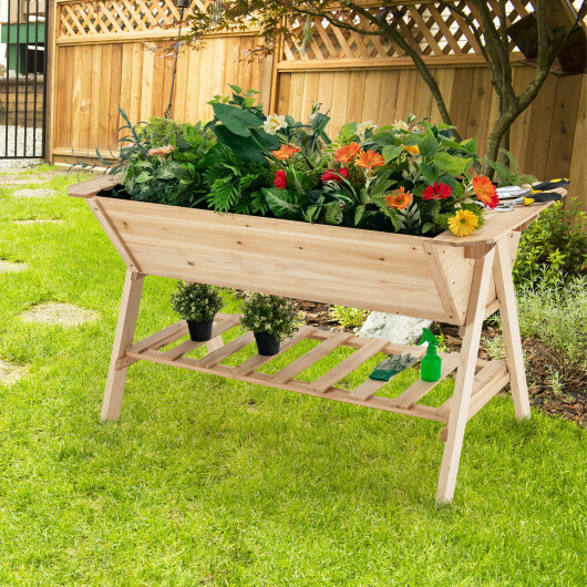 Raised Wood Garden Bed with Shelf and Liner - Color: Natural - Image 2