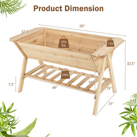 Raised Wood Garden Bed with Shelf and Liner - Color: Natural - Image 4