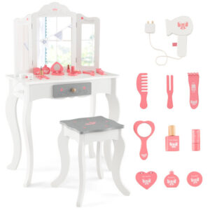 Kids Vanity Set with Tri-folding Mirror-White - Color: White
