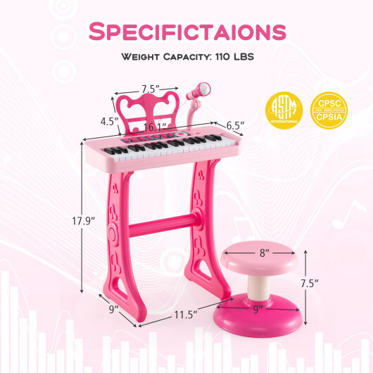 Kids Piano Keyboard 37-Key Kids Toy Keyboard Piano with Microphone for 3+ Kids-Pink - Color: Pink - Image 5
