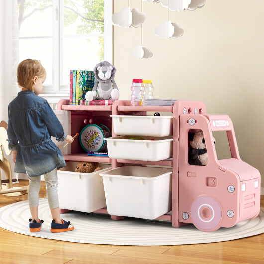 Toddler Truck Storage Organizer with Plastic Bins-Pink - Color: Pink - Image 2