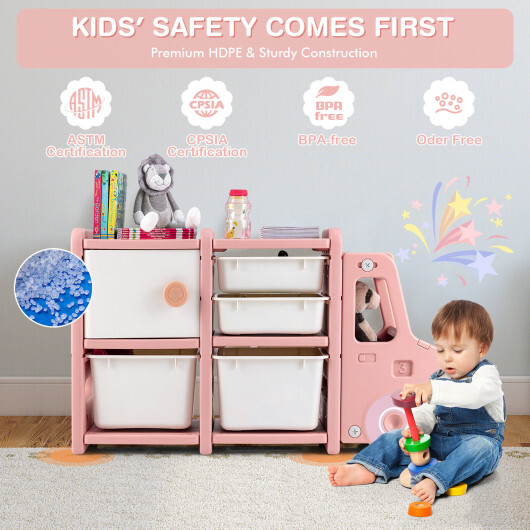 Toddler Truck Storage Organizer with Plastic Bins-Pink - Color: Pink - Image 3