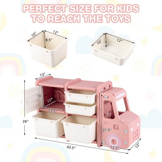 Toddler Truck Storage Organizer with Plastic Bins-Pink - Color: Pink - Image 4