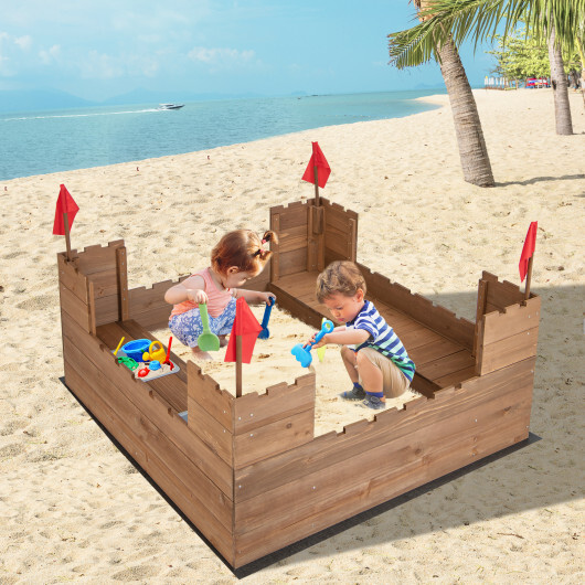 Kids Wooden Sandbox with Bottom Liner and Red Flags - Color: Natural - Image 2