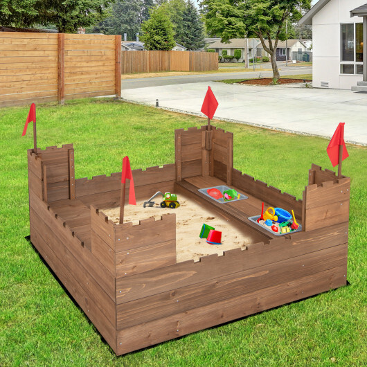 Kids Wooden Sandbox with Bottom Liner and Red Flags - Color: Natural - Image 3