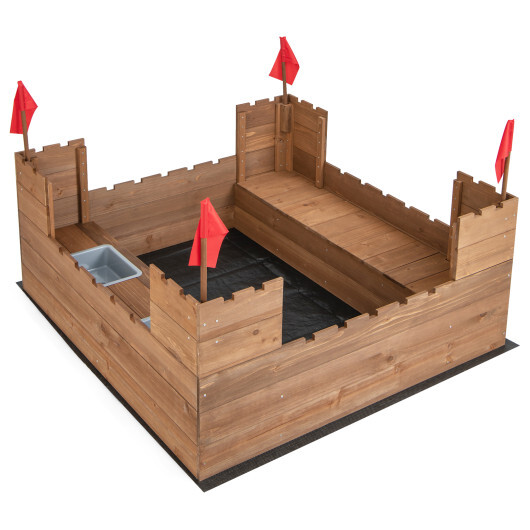 Kids Wooden Sandbox with Bottom Liner and Red Flags - Color: Natural - Image 4