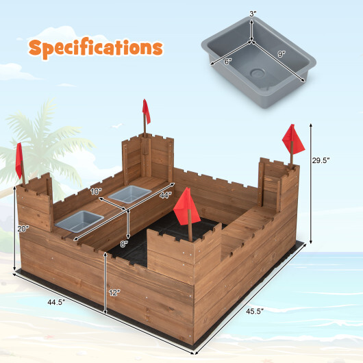 Kids Wooden Sandbox with Bottom Liner and Red Flags - Color: Natural - Image 5