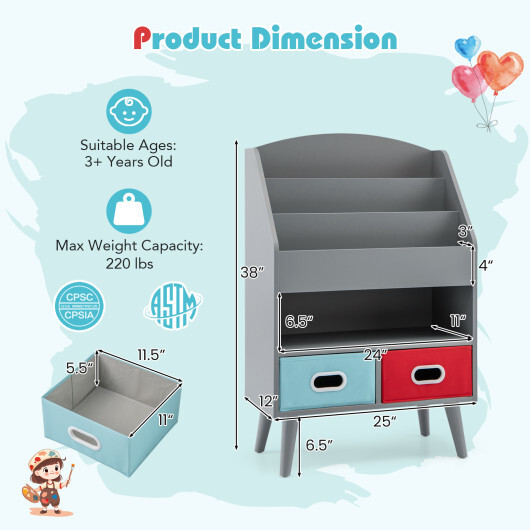 Kids Bookshelf with Open Compartment for Toddlers 3+ Years Old-Gray - Color: Gray - Image 5