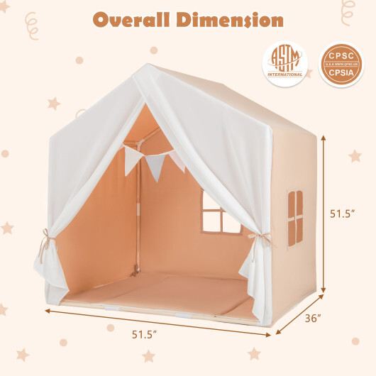 Kid's Play Tent with Washable Cotton Mat and Flag Banner-Orange - Color: Orange - Image 5