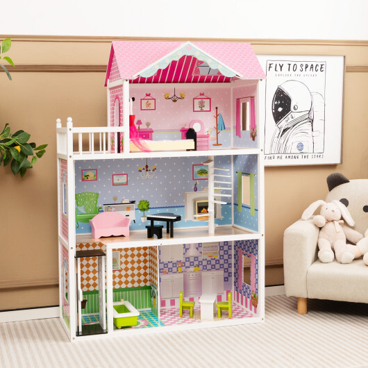 Wooden Dollhouse with Working Elevator and Rotatable Staircase-Pink - Color: Pink - Image 3