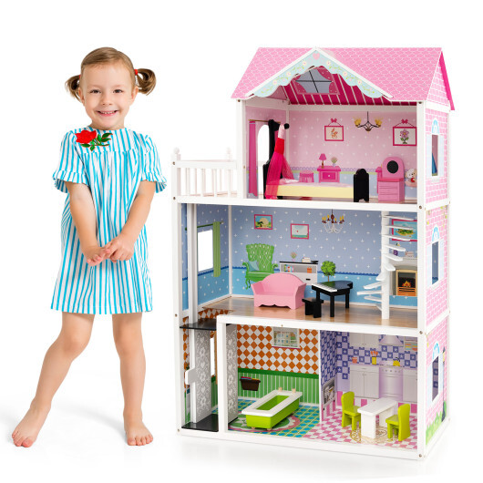 Wooden Dollhouse with Working Elevator and Rotatable Staircase-Pink - Color: Pink - Image 4