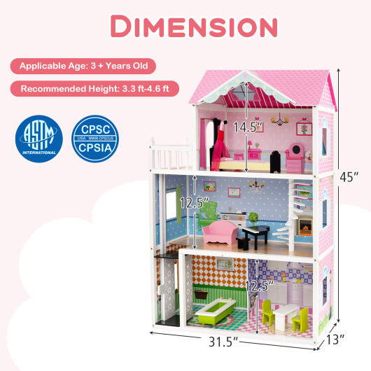 Wooden Dollhouse with Working Elevator and Rotatable Staircase-Pink - Color: Pink - Image 5