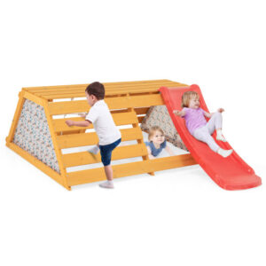 5-in-1 Jungle Gym Wooden Indoor Playground with Slide Rock Climbing Wall Rope Wall Climber - Color: Natural