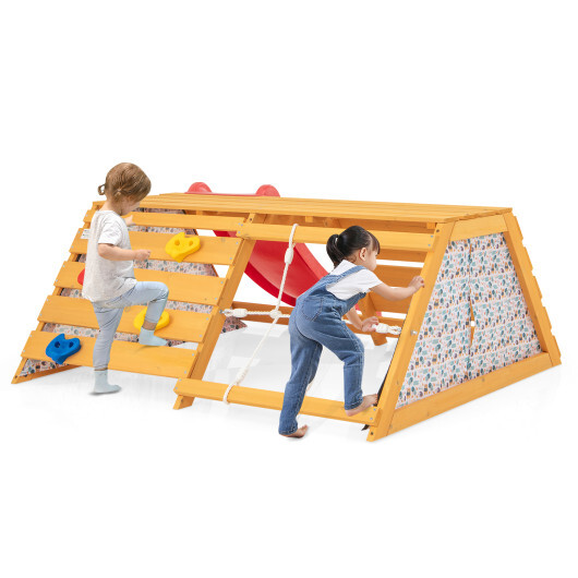 5-in-1 Jungle Gym Wooden Indoor Playground with Slide Rock Climbing Wall Rope Wall Climber - Color: Natural - Image 4