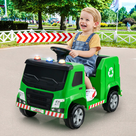 12V Kids Ride-on Garbage Truck with Warning Lights and 6 Recycling Accessories-Green - Color: Green - Image 2
