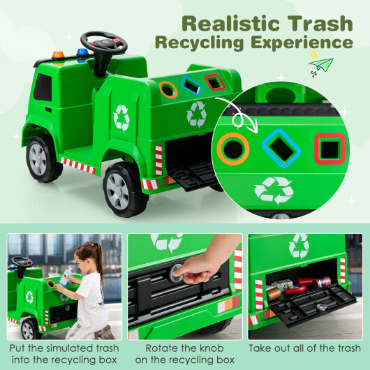 12V Kids Ride-on Garbage Truck with Warning Lights and 6 Recycling Accessories-Green - Color: Green - Image 3