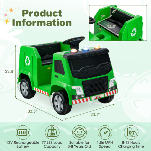 12V Kids Ride-on Garbage Truck with Warning Lights and 6 Recycling Accessories-Green - Color: Green - Image 4