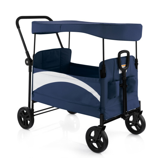 2-Seat Stroller Wagon with Adjustable Canopy and Handles-Navy - Color: Navy