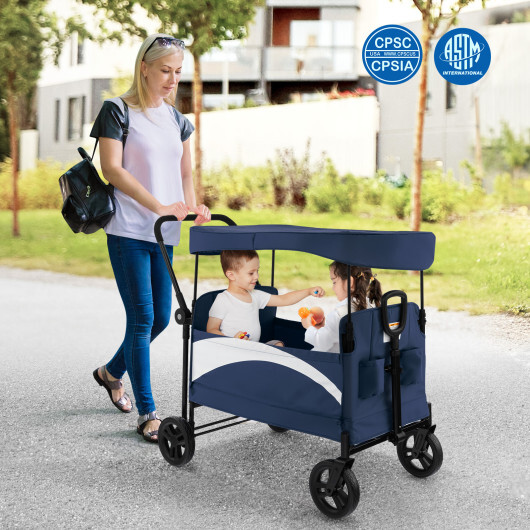 2-Seat Stroller Wagon with Adjustable Canopy and Handles-Navy - Color: Navy - Image 2