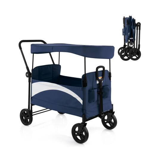 2-Seat Stroller Wagon with Adjustable Canopy and Handles-Navy - Color: Navy - Image 4