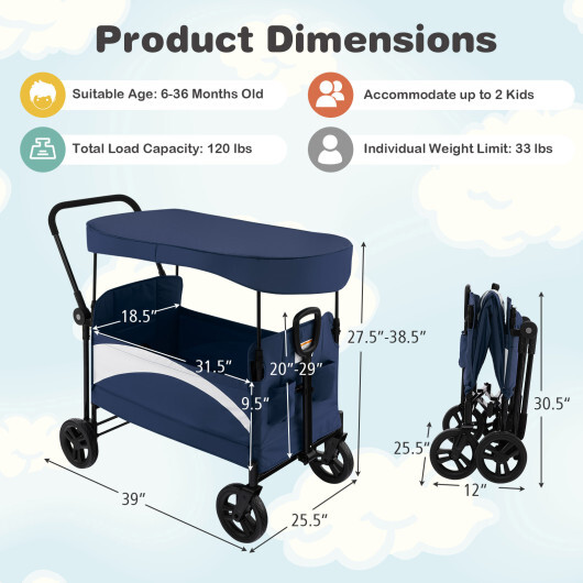 2-Seat Stroller Wagon with Adjustable Canopy and Handles-Navy - Color: Navy - Image 5
