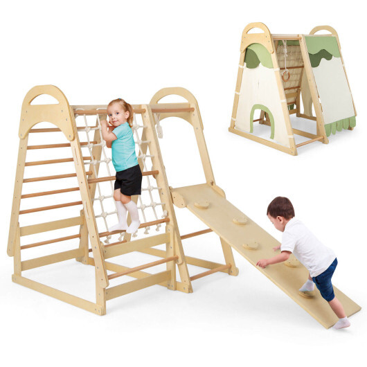 6-in-1 Wooden Kids Jungle Gym Playset with Slide Climbing Net-Natural - Color: Natural