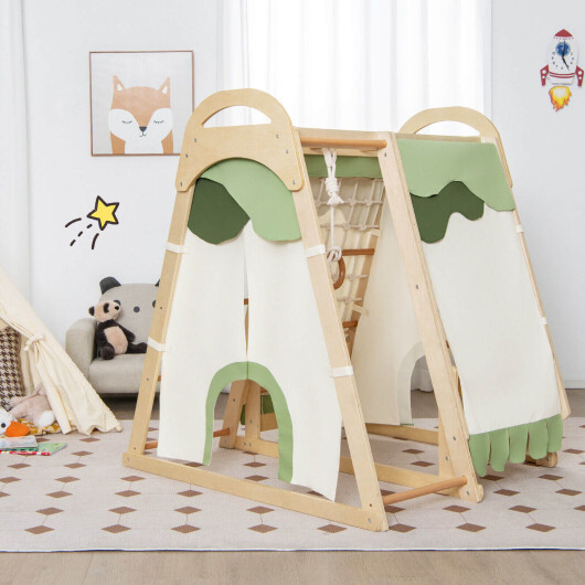 6-in-1 Wooden Kids Jungle Gym Playset with Slide Climbing Net-Natural - Color: Natural - Image 2