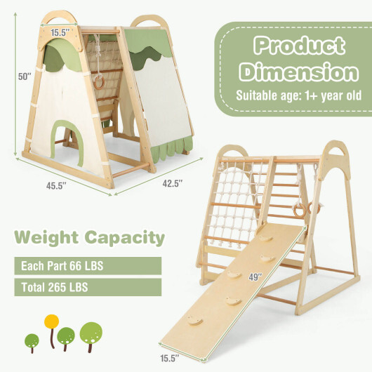 6-in-1 Wooden Kids Jungle Gym Playset with Slide Climbing Net-Natural - Color: Natural - Image 4