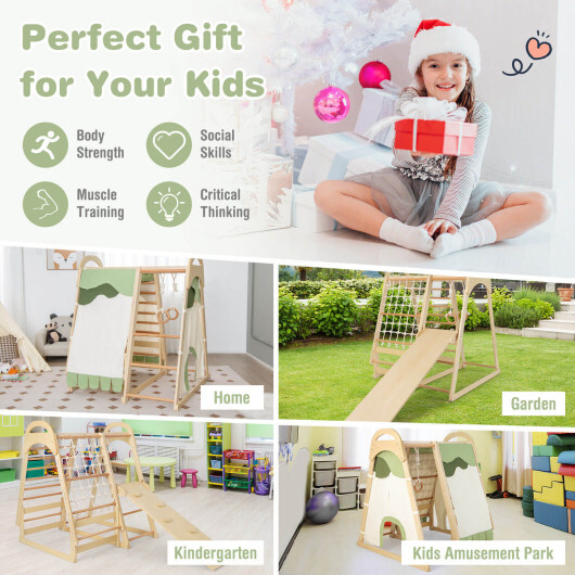 6-in-1 Wooden Kids Jungle Gym Playset with Slide Climbing Net-Natural - Color: Natural - Image 5