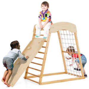 6-in-1 Jungle Gym Wooden Indoor Playground with Double-Sided Ramp and Monkey Bars-Natural - Color: Natural