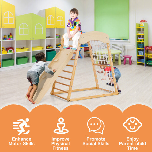 6-in-1 Jungle Gym Wooden Indoor Playground with Double-Sided Ramp and Monkey Bars-Natural - Color: Natural - Image 2