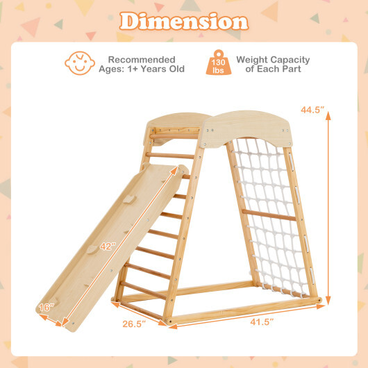 6-in-1 Jungle Gym Wooden Indoor Playground with Double-Sided Ramp and Monkey Bars-Natural - Color: Natural - Image 3