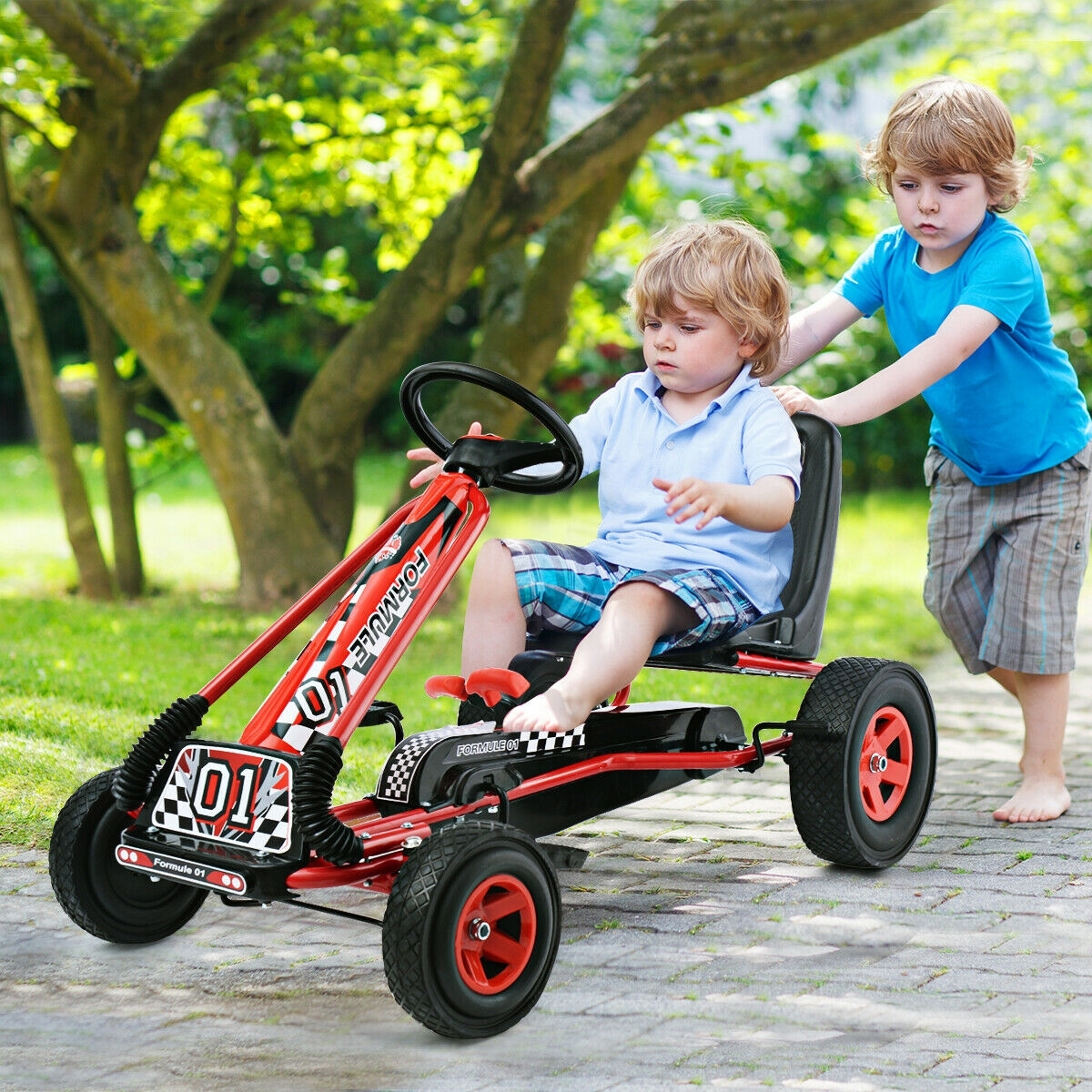 4 Wheels Kids Ride On Pedal Powered Bike Go Kart Racer Car Outdoor Play Toy-Red - Color: Red - Image 2