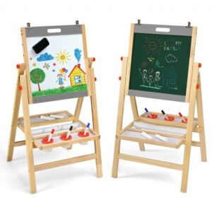 Kids Art Easel with Paper Roll Double Sided Chalkboard and Whiteboard-Gray - Color: Gray