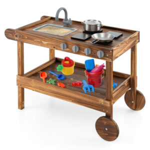 Outdoor Movable Mud Kitchen with 2 Rolling Wheels and 1 Push Handle-Natural - Color: Natural