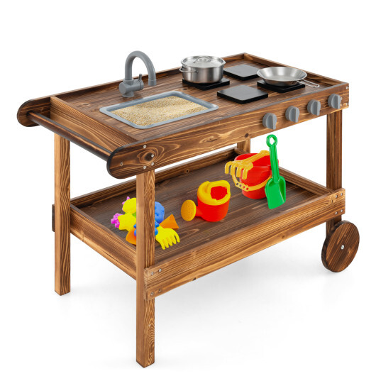Outdoor Movable Mud Kitchen with 2 Rolling Wheels and 1 Push Handle-Natural - Color: Natural - Image 4